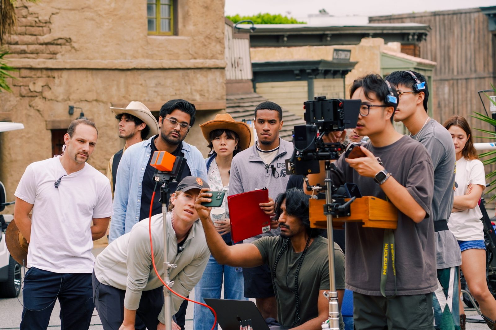 Wide of the company at work on the Old Mexico set