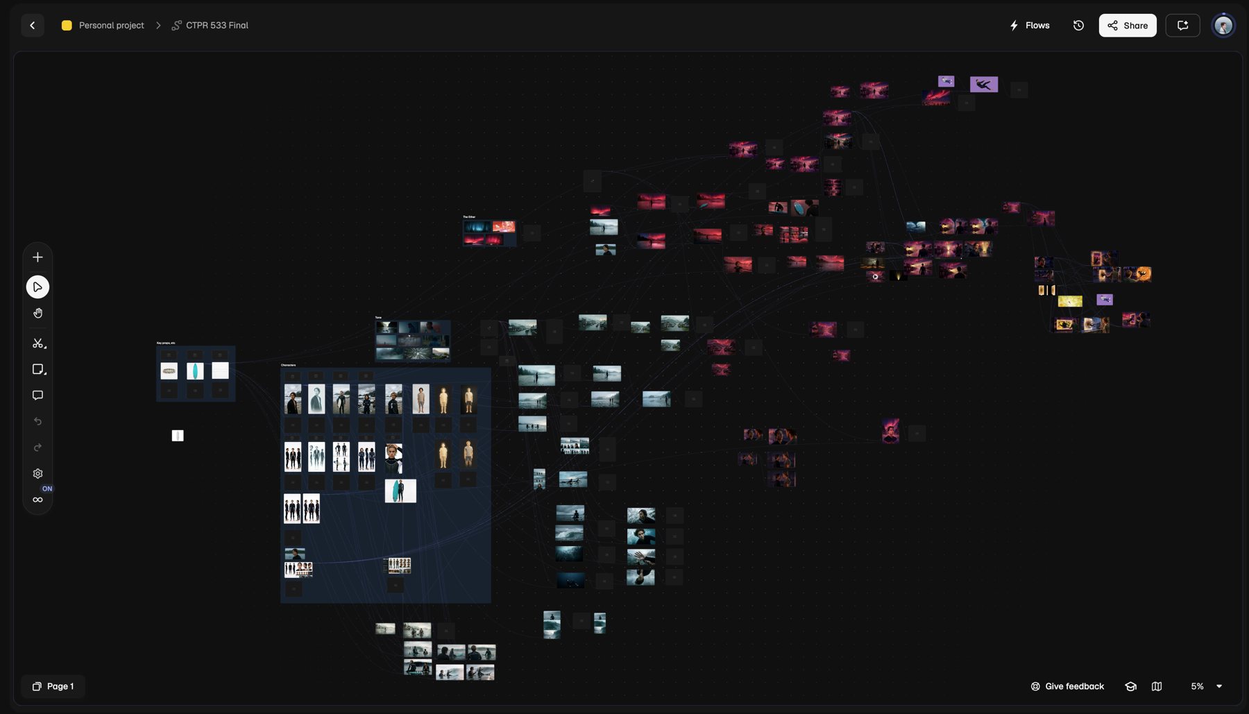 The full Magnific canvas for Drift: hundreds of generations mapped from character and prop boards through tone, scenes, and the underworld sequence