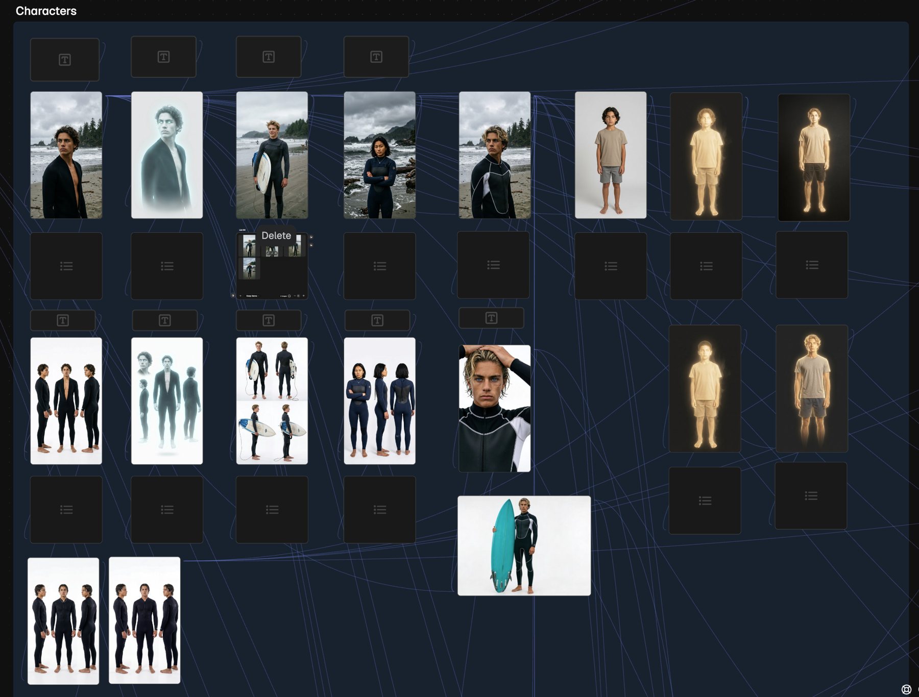 The character board: turnarounds, wetsuit variants, and glow states used to keep the brothers consistent across engines